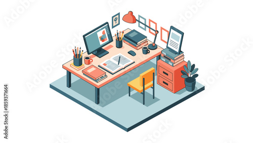 Isometric home office workspace with computer, books, and desk accessories
