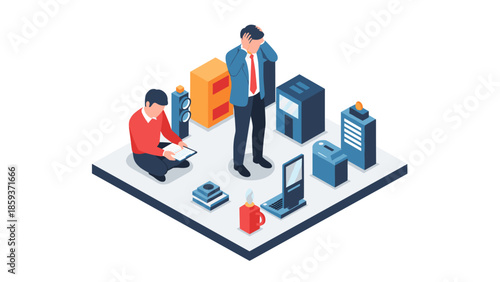 Business concept of stress and problem-solving in an office isometric design