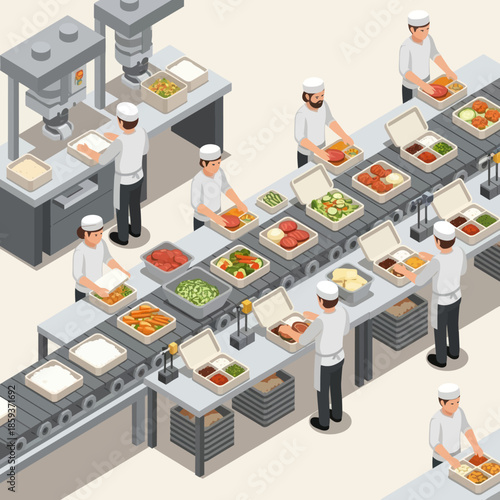 Food Production Line with Chefs Preparing Meals.