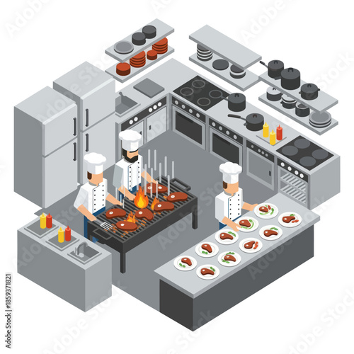 Commercial Kitchen Chefs Preparing Food.