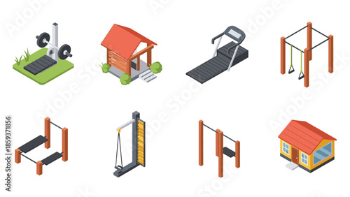 Isometric outdoor gym and playground equipment set for fitness and recreation