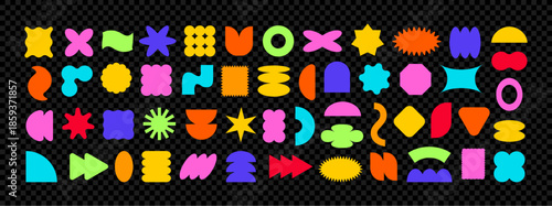 Y2K sticker set with bold geometric shapes, stars, and abstract figures in vibrant colors. Simple Badge Figure png Kit. Trendy vector elements for retro poster, badge and modern graphic design project