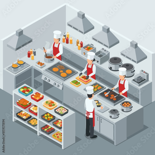 Commercial Kitchen Chefs Cooking Food Together.