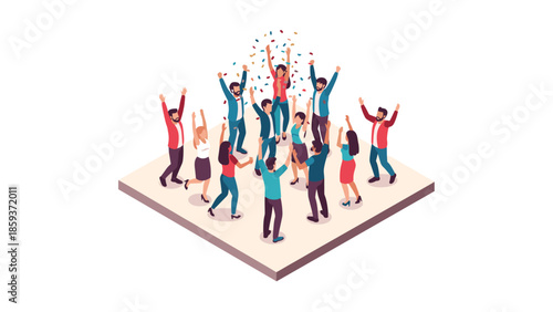 Isometric celebration: group of diverse people enjoying a festive party with confetti