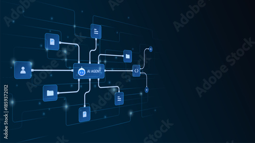 AI workflow automation artificial intelligence. ai agent network diagram connecting data source, document, file, and automation system.
