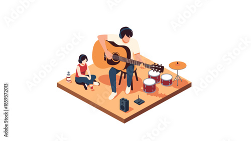 Isometric family music session with guitar and drums in a cozy home setting