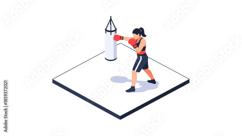 Isometric boxing training scene with female athlete and punching bag
