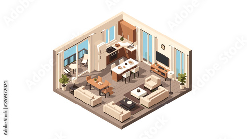 Isometric living room interior design with kitchen and dining area