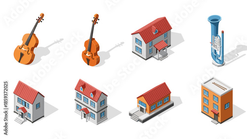 Isometric musical instruments and buildings with shadows on white background