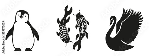 Set abstract vector animal isolated transparent background. Asian fish penguin and swan in modern cut stylish. Perfect child t-shirt print design. EPS 10