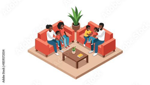 Isometric family gathering in cozy living room with couch and plants