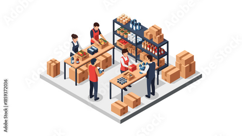 Isometric warehouse team packing and organizing goods in a modern distribution center