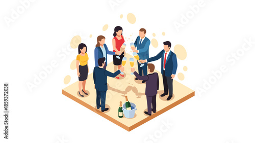 Isometric office celebration with business team clinking glasses