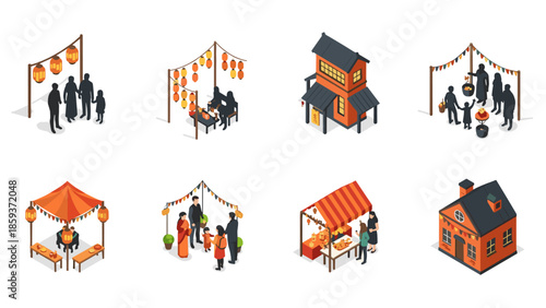 Isometric traditional festival scenes with lanterns and market stalls