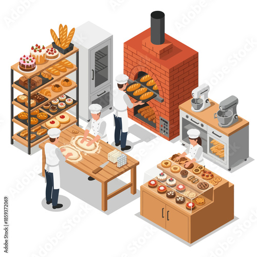 Bakery Scene with Bakers and Pastries.