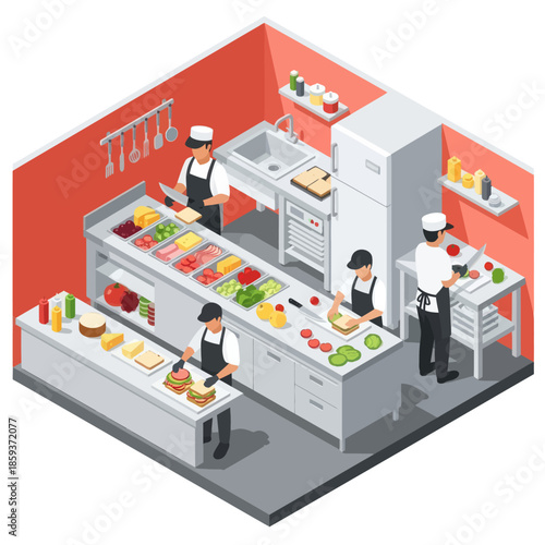 Isometric Kitchen Staff Preparing Fresh Food.