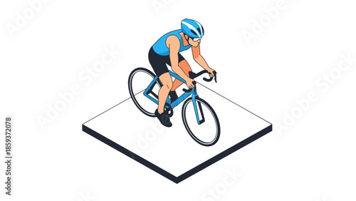 Isometric cyclist riding on stylized platform with helmet and sportswear