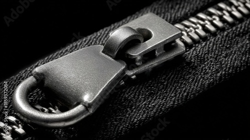 Close-up of a metal zipper on a black fabric, showcasing intricate details and texture