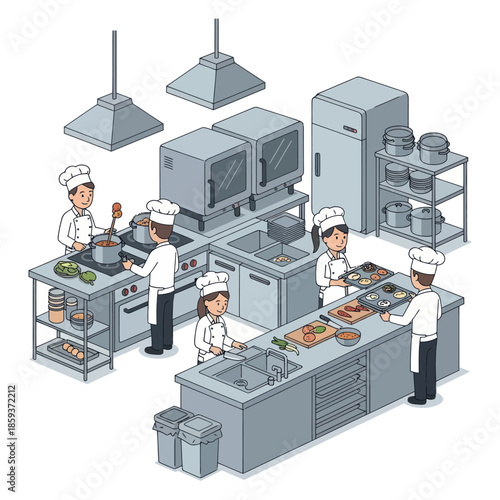Commercial Kitchen Chefs Preparing Food.