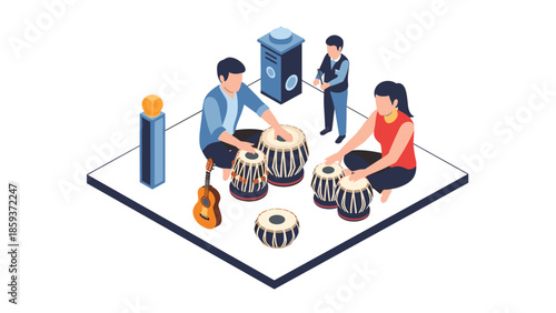 Isometric music ensemble with tabla players and guitar on stage