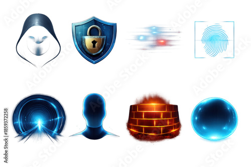 Cyber security icons: hooded figure, shield, fingerprint, firewall, digital sphere