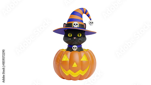 Cute Halloween Black Cat in Jack-o'-lantern with Witch Hat and Skulls