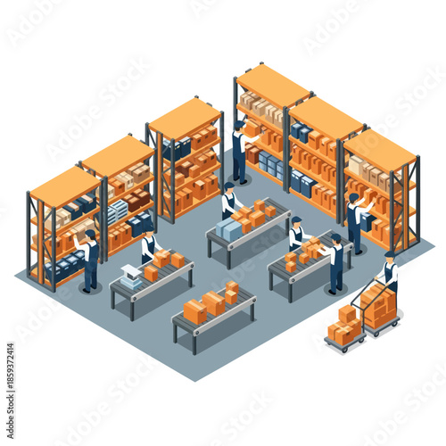 Warehouse Storage Facility with Orange Crates and Workers.