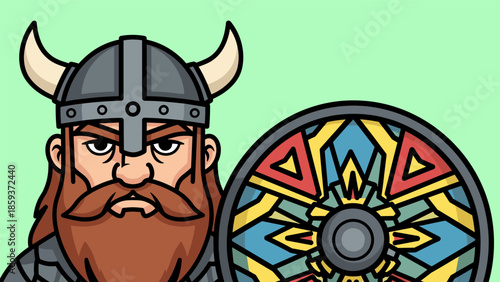 Cartoon Viking Warrior with Horned Helmet and Decorative Shield.
