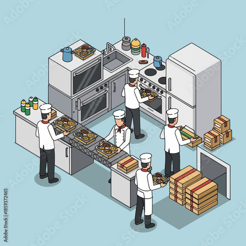 Commercial Kitchen Staff Preparing Food Together.