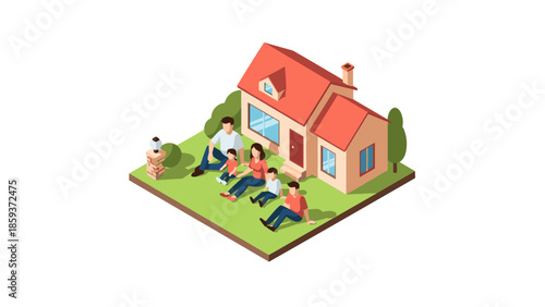 Family enjoying leisure time in front of cozy home in isometric design