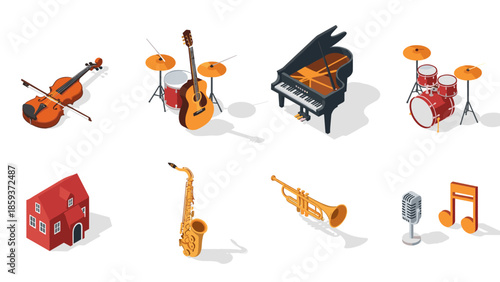 Isometric musical instruments and house on white background