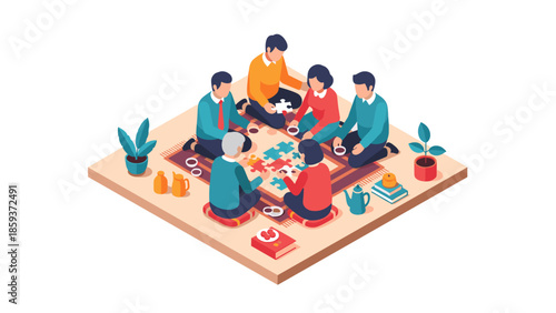 Group of diverse individuals engaged in puzzle activity on isometric floor with plants and books
