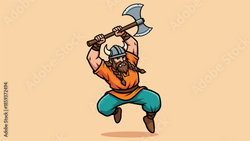 Cartoon Viking Warrior Mid-Air with Axe Ready to Strike.