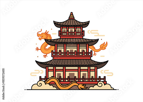 Asian Architecture and Travel Illustration with Pagodas, Temples, and Scenic Views