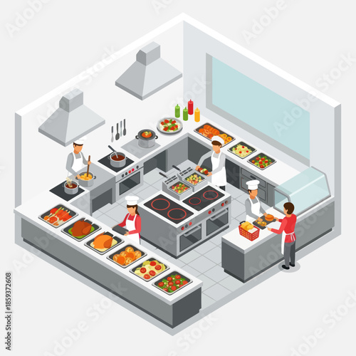 Commercial Kitchen Staff Preparing Food.