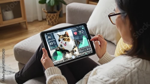 Woman at home monitoring pet cat's health and activity data on a digital tablet using a smart pet care application.