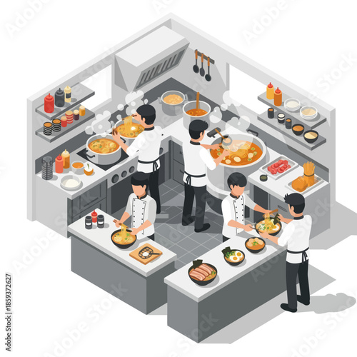 Chefs Preparing Food in Commercial Kitchen.