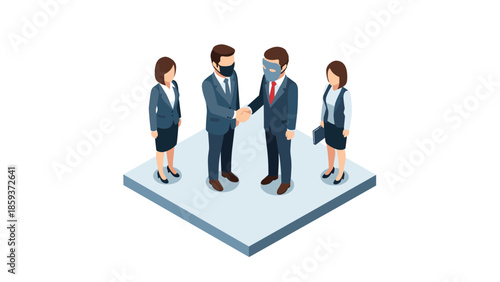 Isometric business meeting with handshake and diverse team in formal attire