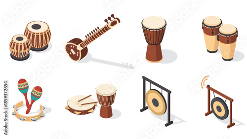 Collection of isometric musical instruments featuring drums, sitar, bongo, and gong