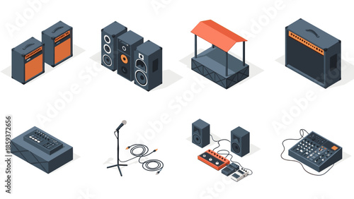 Isometric musical equipment set featuring amplifiers, speakers, microphone, and dj console