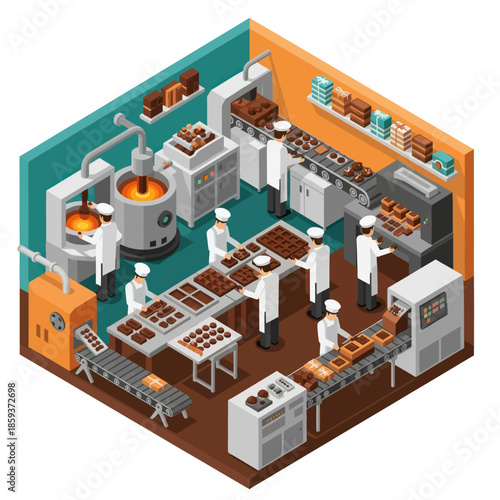 Chocolate Production Facility with Workers and Equipment.