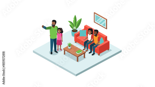 Family watching tv together in living room isometric design
