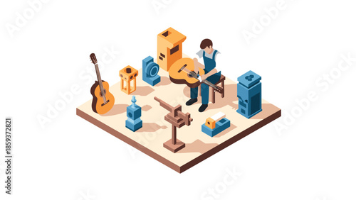 Isometric guitar workshop scene with craftsman and tools