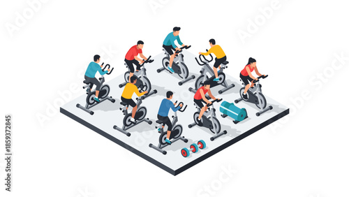 Isometric group cycling class in gym setting with colorful attire and fitness equipment