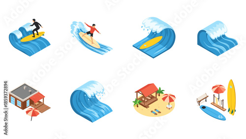 Isometric surf set: surfboards, waves, and beach huts for summer adventure