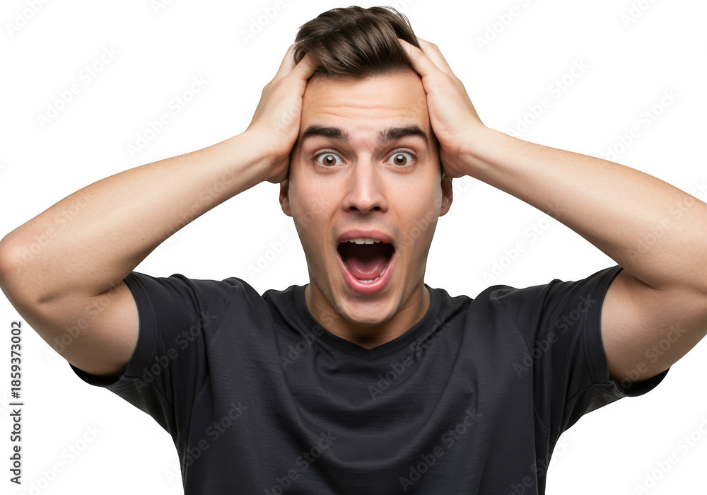 Fototapeta premium Man with hands on head in shock isolated on transparent background
