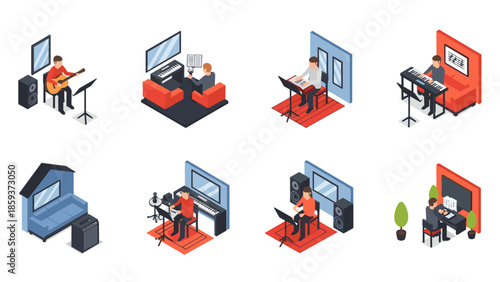 Isometric music practice rooms: musicians with various instruments in studio settings