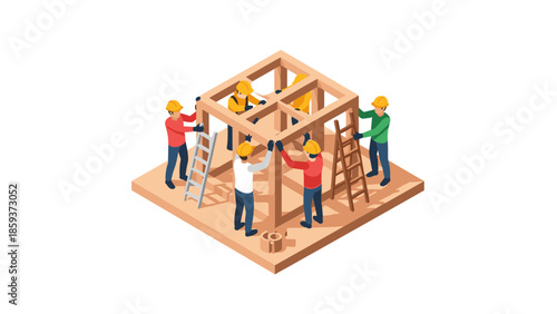 Isometric construction team building wooden structure