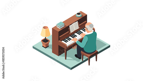 Elderly man playing piano in cozy isometric room with lamp and books