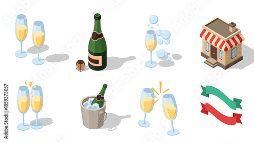 Isometric champagne celebration with glasses, bottle, and shop icon set